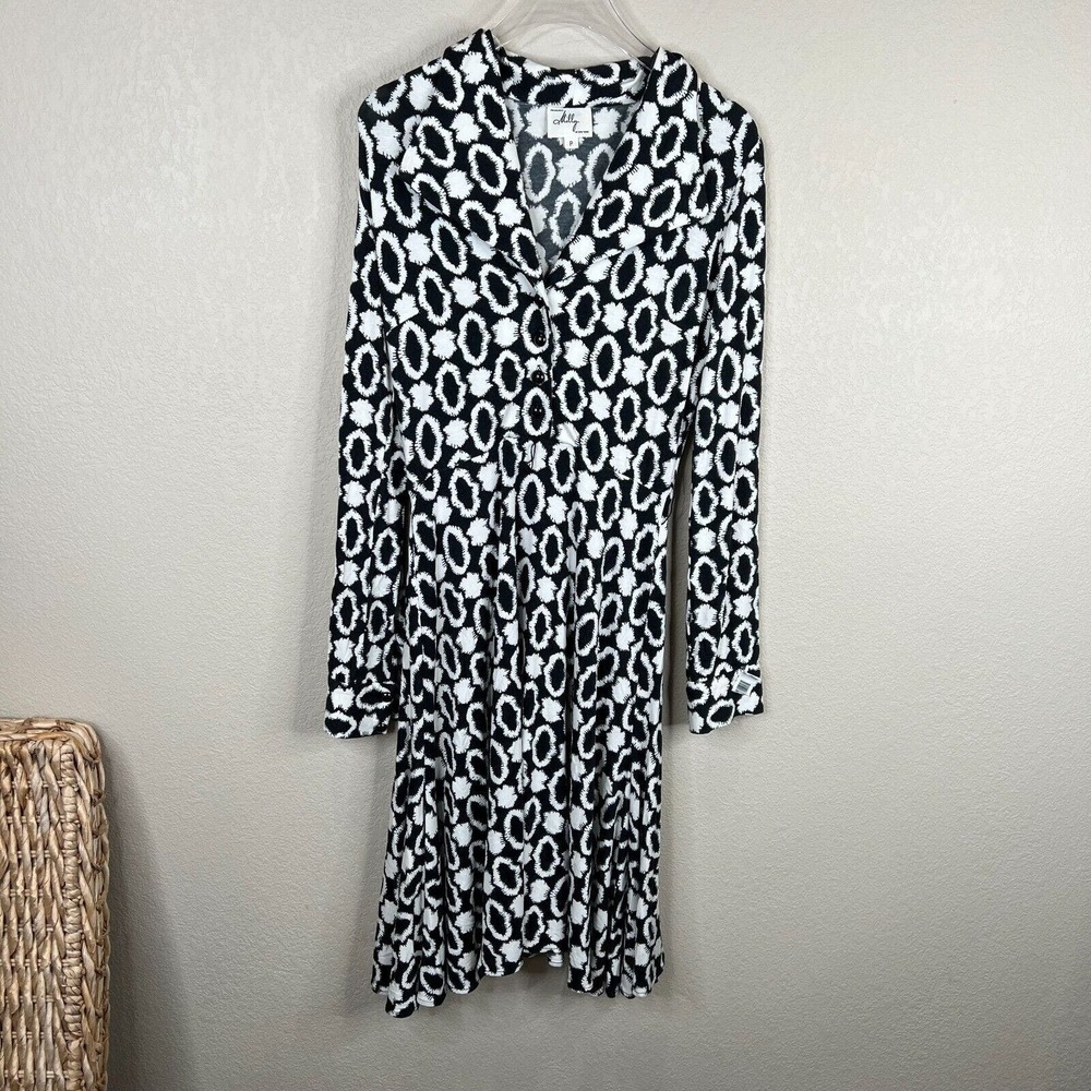 Milly Of New York White Black Size Small Printed Long Sleeve Stretch Jersey Midi